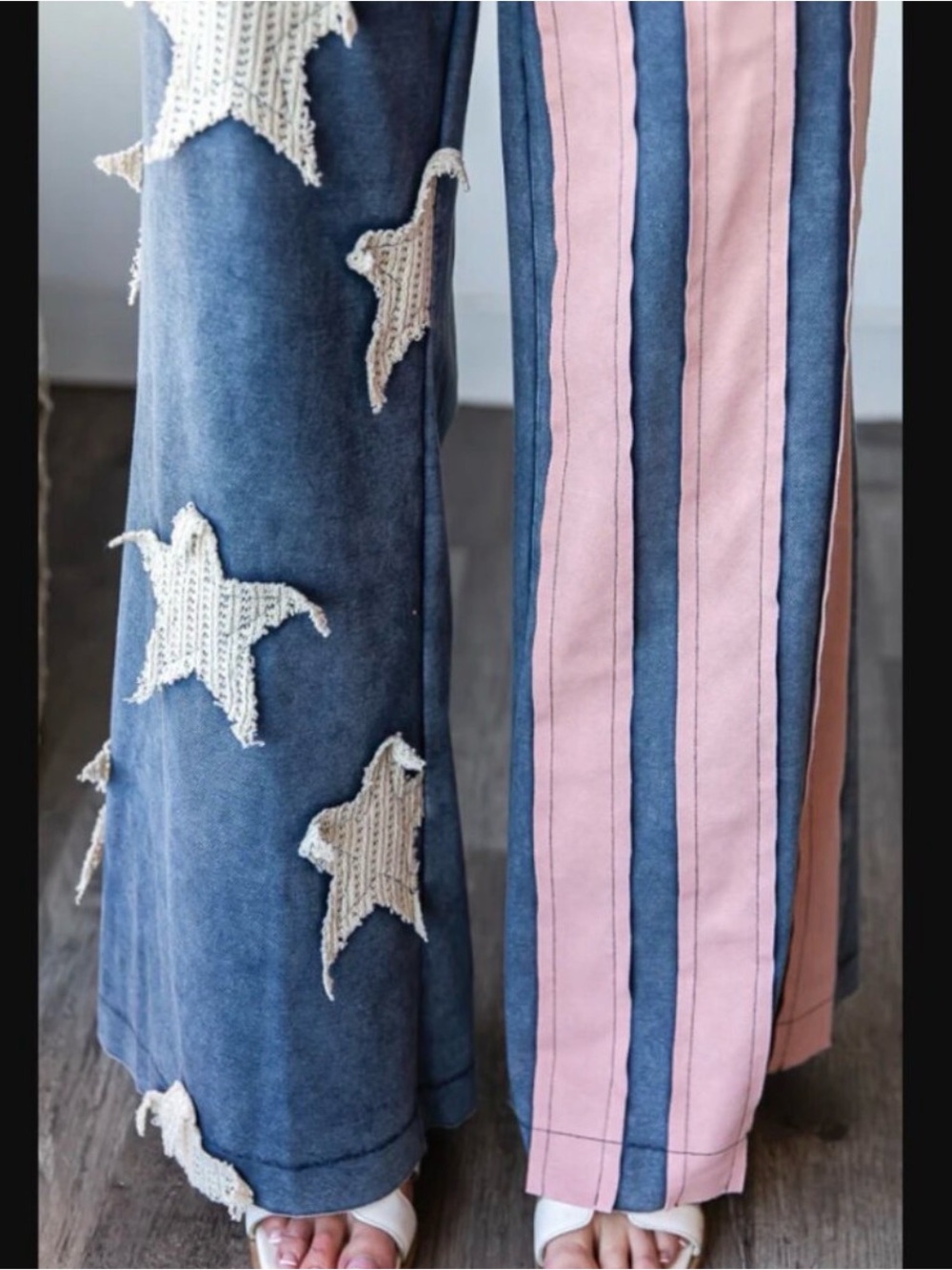 Oli & Hali Blue Denim Wide-Leg Jeans with Pink Stripe & White Stars - Picture 4 of 5